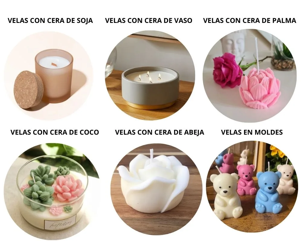 Velas con cera de soja, de vaso, de palma, de coco, de abeja y en moldes