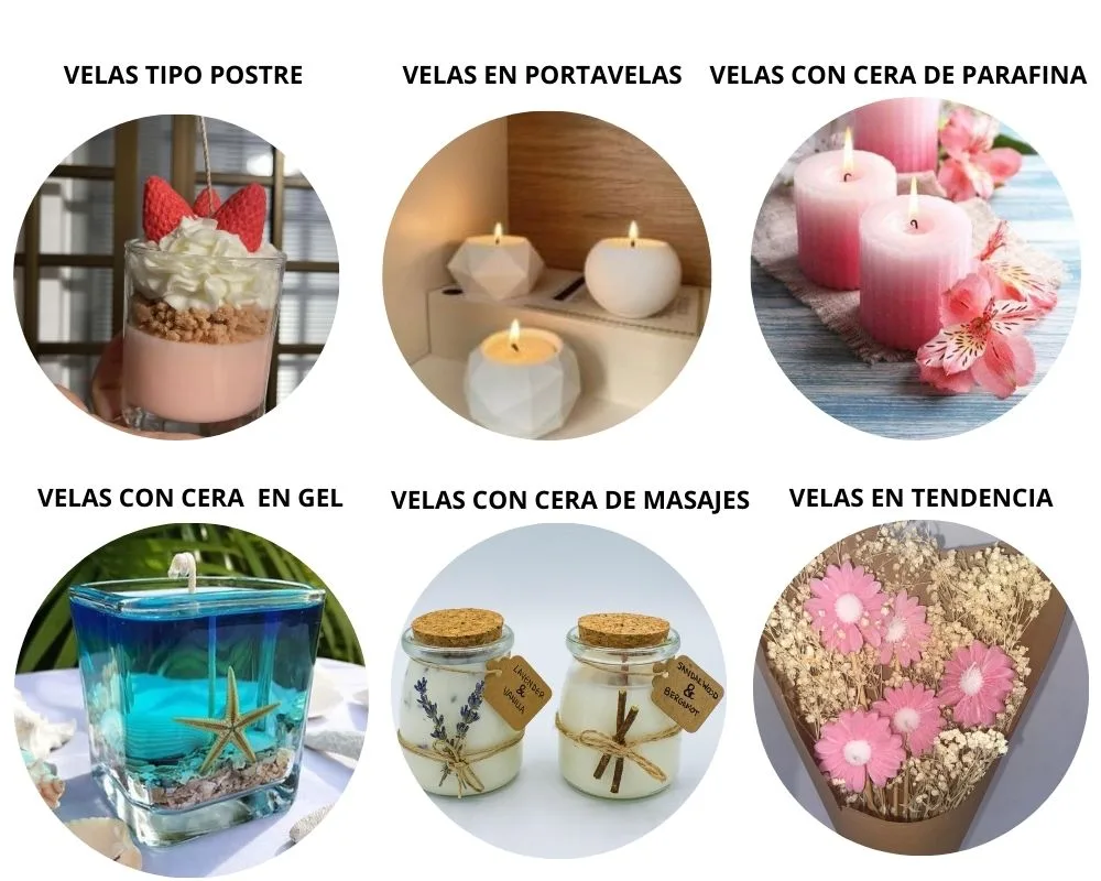 Velas tipo postre, portavelas, parafina, gel, de masajes y en tendencia